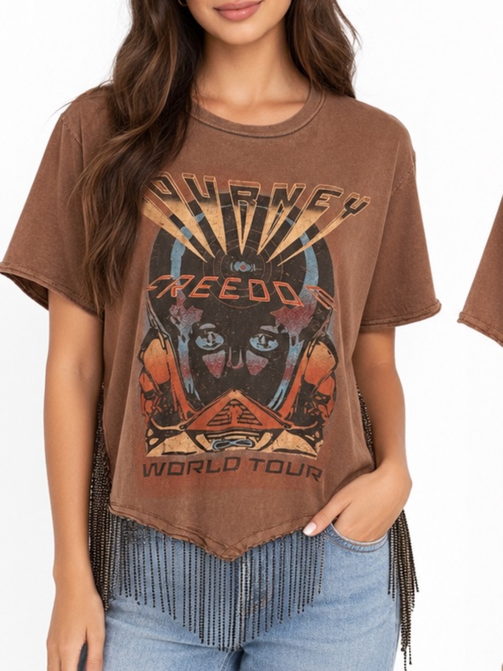 The Vinyl Icons Journey Vintage-Inspired Brown Graphic Beaded Fringe Tee Size L